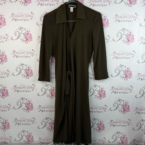Another Story dress tie up wrap style stretchy, dark Olive Green Dress collared